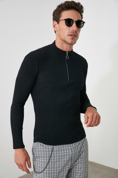 Men's Zipper Collar Black Rib Sweater