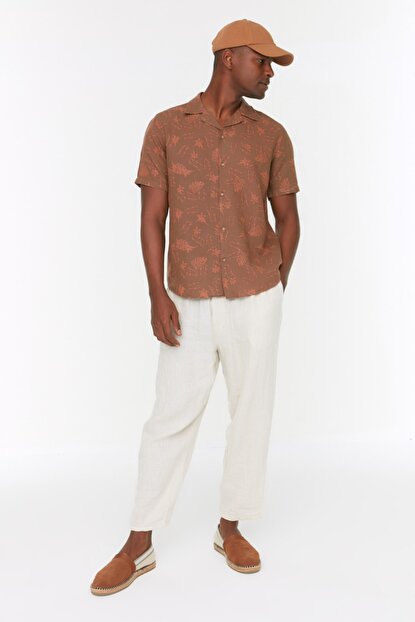 Men's Short Sleeve Button Tile Red Linen Regular Fit Shirt