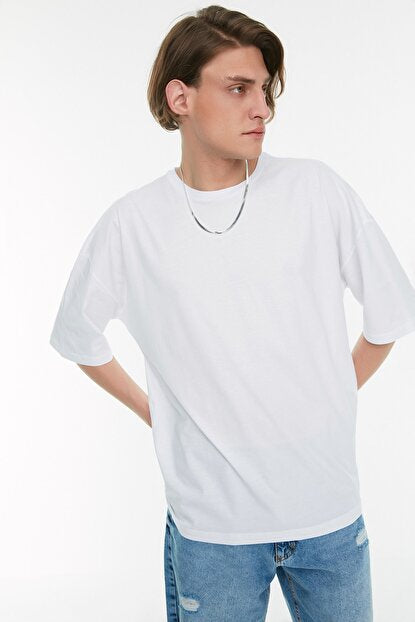 Men's Crew Neck Oversize Basic White Cotton T-shirt