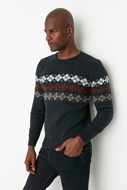 Men's Crew Neck Anthracite Tricot Slim Fit Sweater