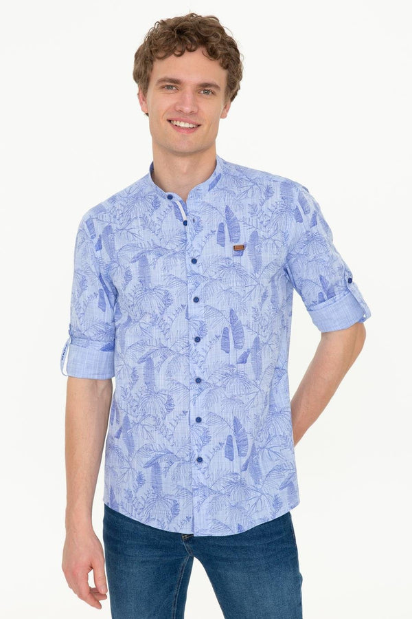 Men's Crew Neck Patterned Blue Shirt