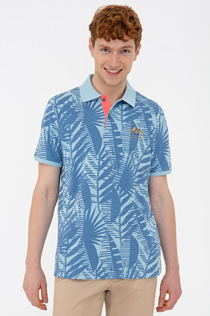 Men's Polo Collar Patterned Indigo T-shirt