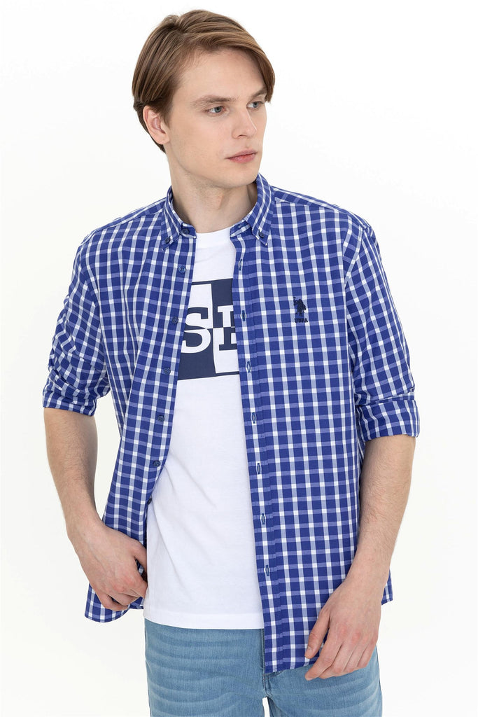 Men's Long Sleeves Plaid Blue Shirt