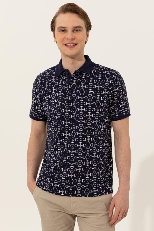 Men's Polo Collar Patterned Navy Blue T-shirt