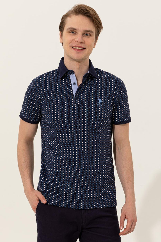 Men's Polo Collar Patterned Navy Blue T-shirt