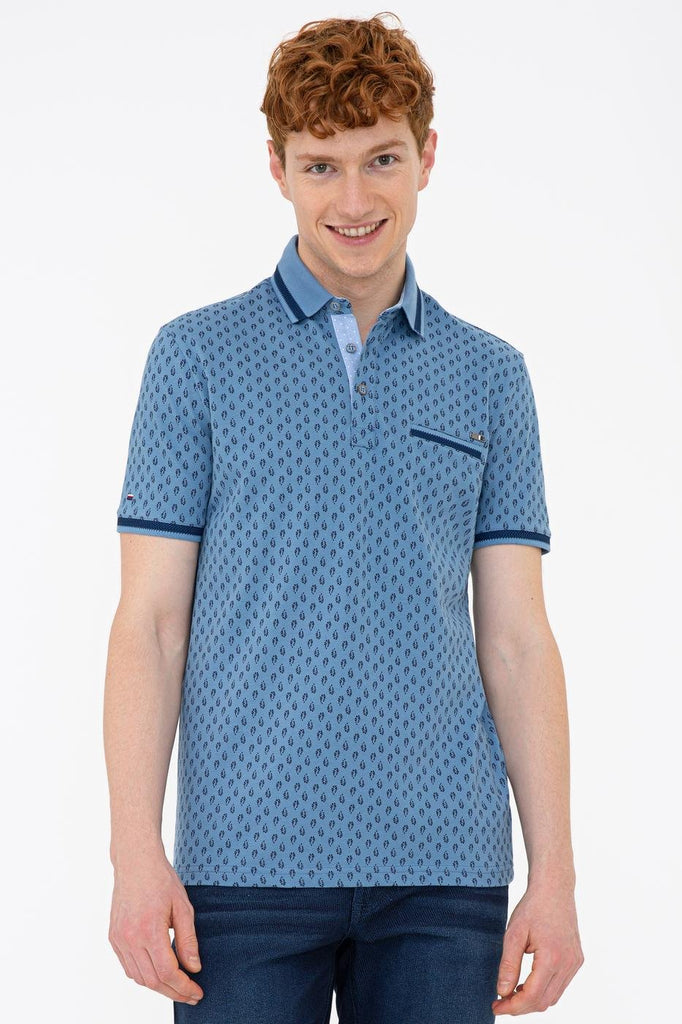Men's Polo Collar Patterned Indigo T-shirt