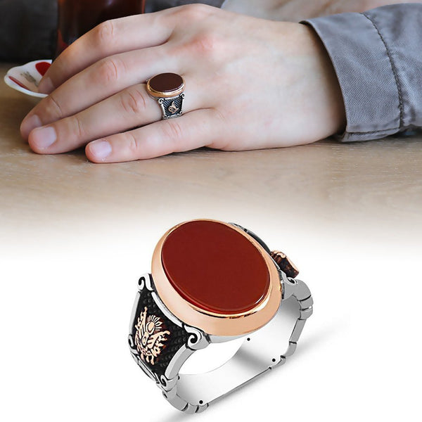 Men's Tughra Embroidered Red Agate Stone 925 Carat Silver Ring