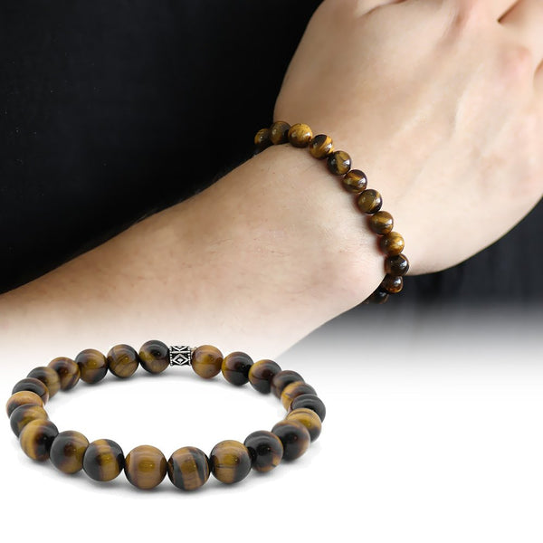 Men's Round Cut Tiger Eye 925 Carat Silver Bracelet