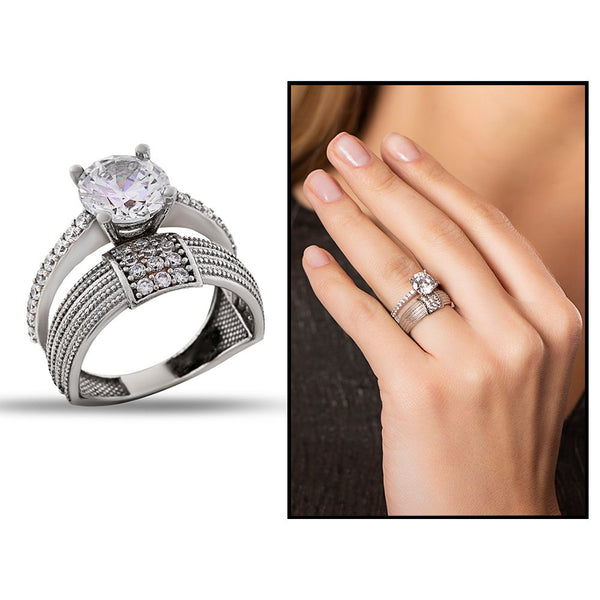Women's 2 Layers Zircon Gemmed 925 Carat Silver Ring