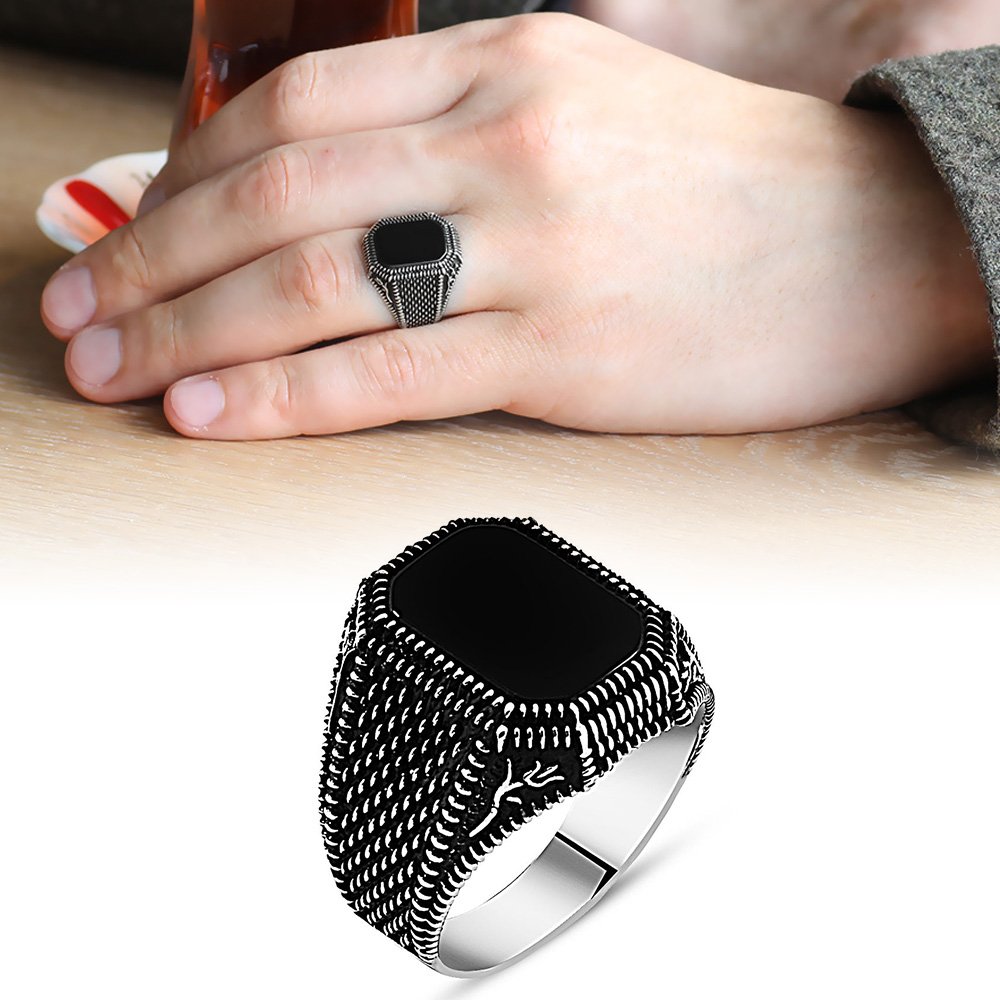 Men's Tulip Design Black Onyx Stone 925 Carat Silver Ring