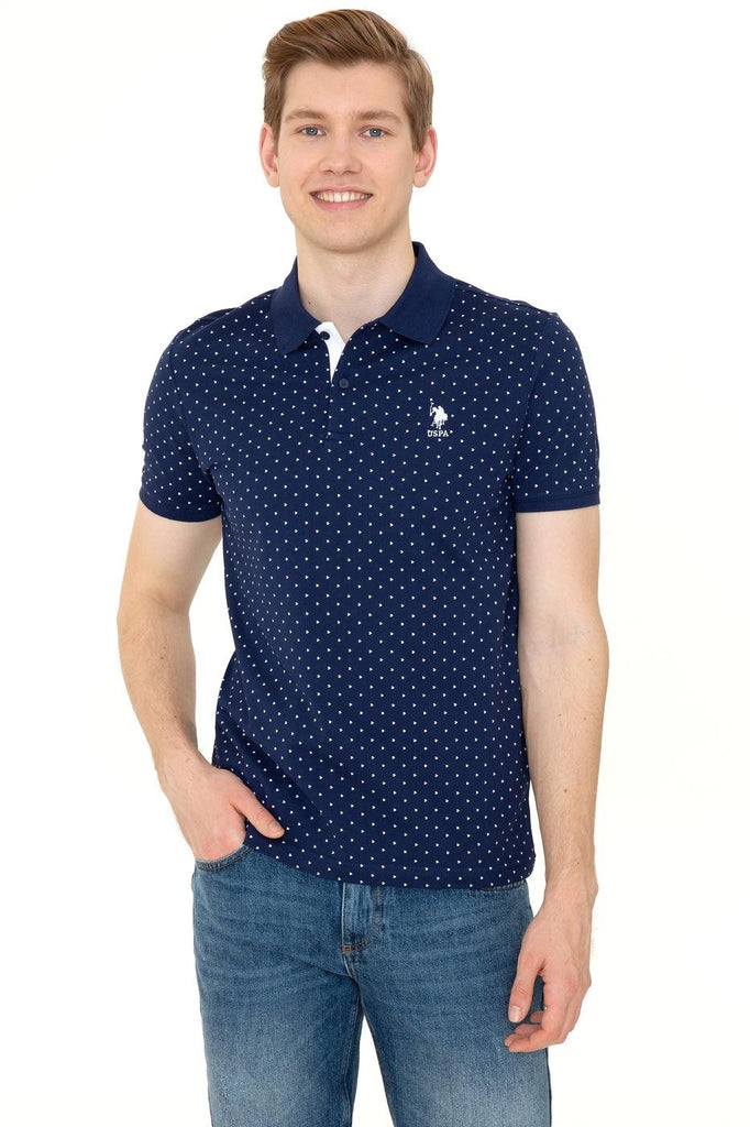 Men's Polo Collar Dotted Navy Blue T-shirt