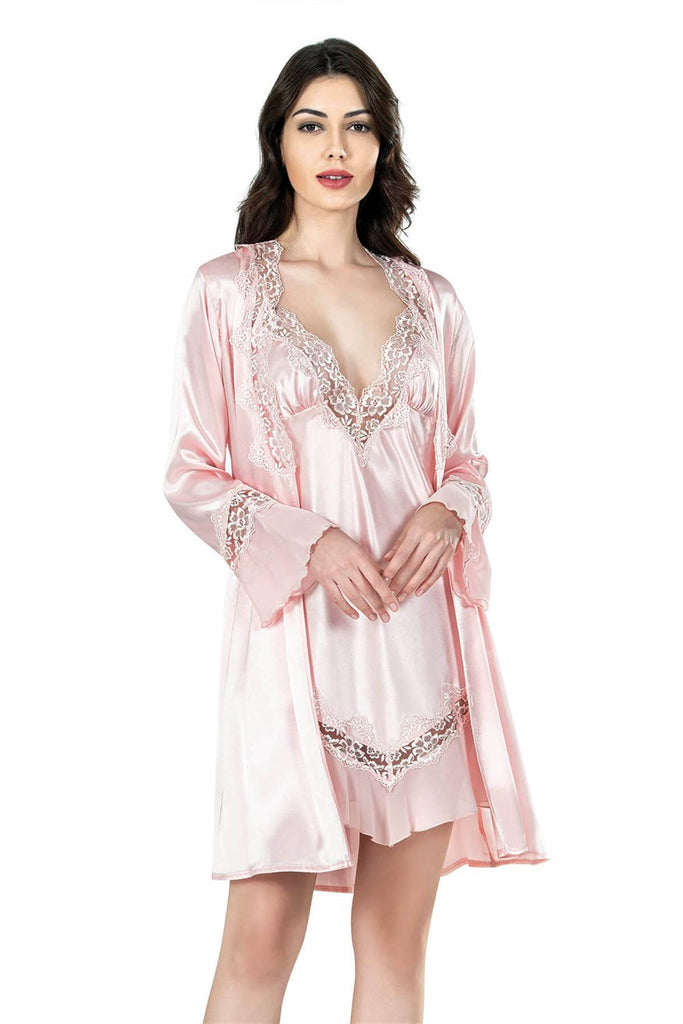 Women's Salmon Satin Nightgown & Morning Robe Set