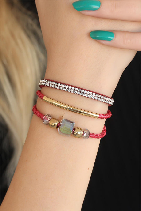 Women's Gemmed Red Leather Bracelet