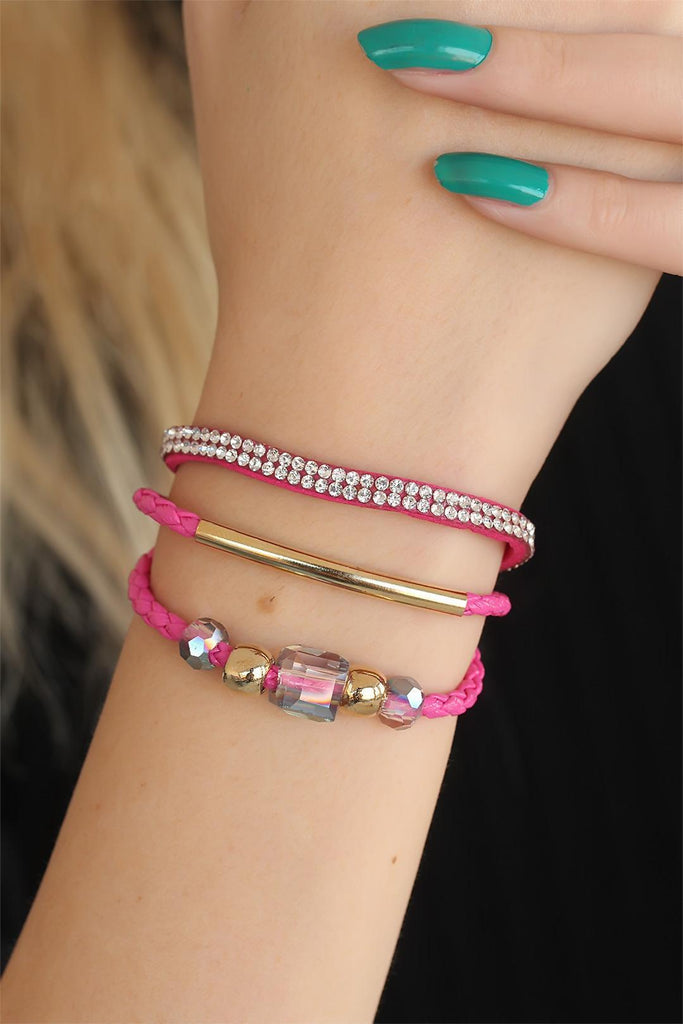 Women's Gemmed Pink Leather Bracelet