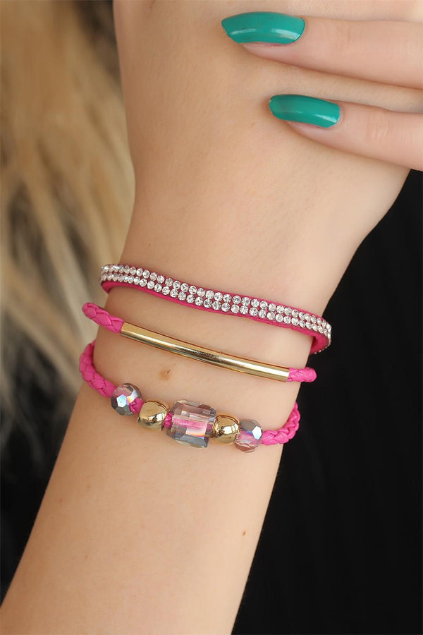 Women's Gemmed Pink Leather Bracelet