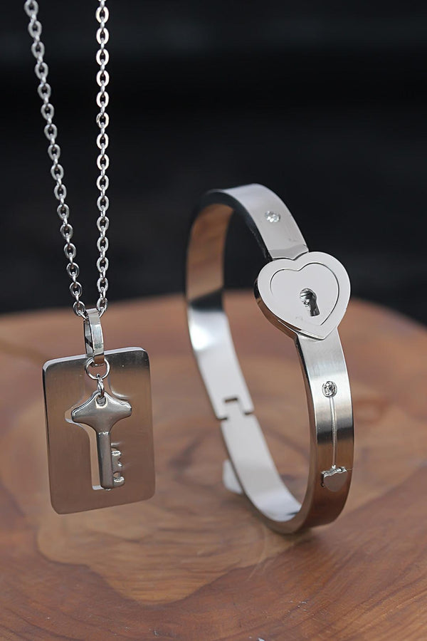 Men's Key Pendant Steel Necklace & Stainless Bracelet Set