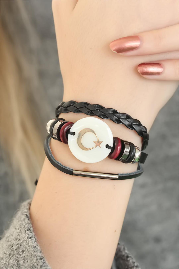 Women's Crescent Star Design Black Leather Multi Bracelet