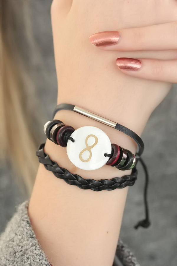Women's Infinity Design Black Leather Multi Bracelet