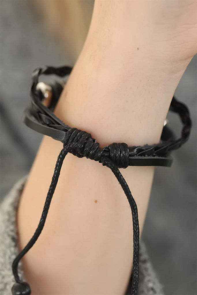 Women's Angel Design Black Leather Multi Bracelet