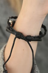 Women's Angel Design Black Leather Multi Bracelet