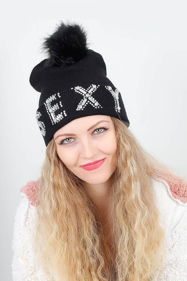 Women's Shiny Accessory Bobble Black Beret