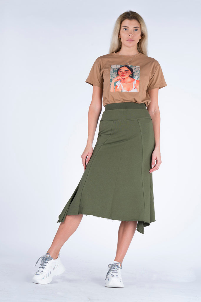 Women's Elastic Waist Khaki Midi Skirt
