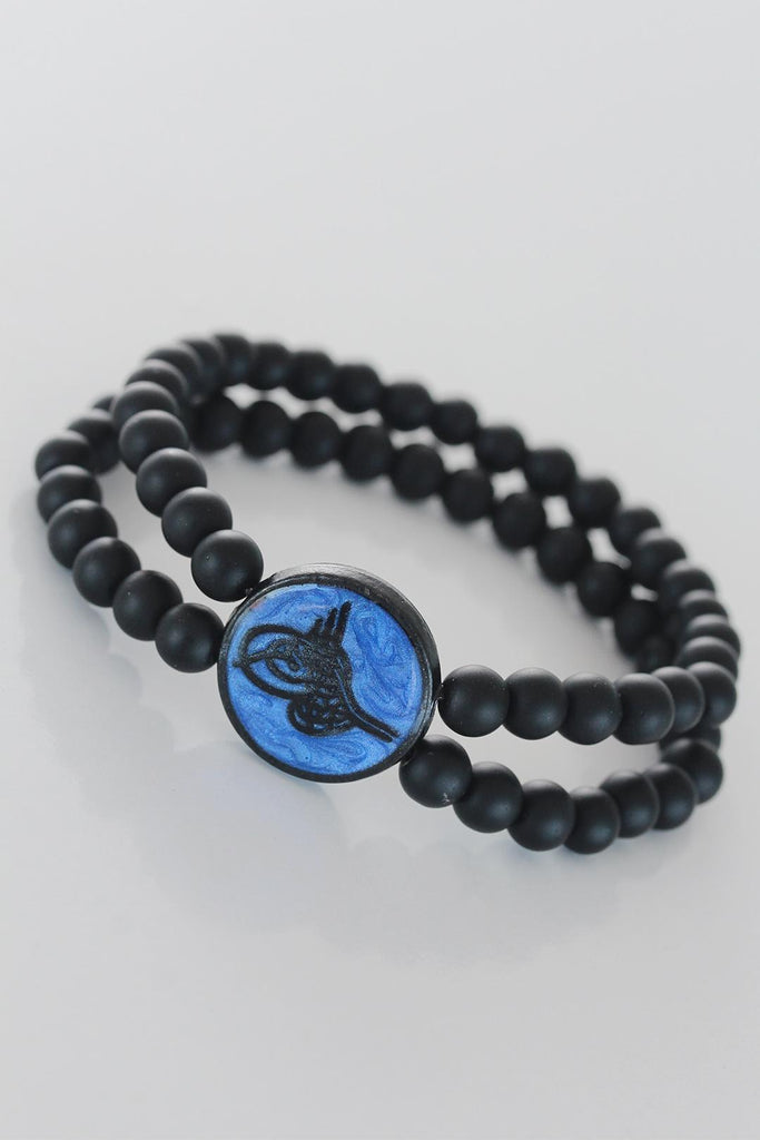 Men's Navy Blue Black Metal Accessory Black Natural Stone Bracelet