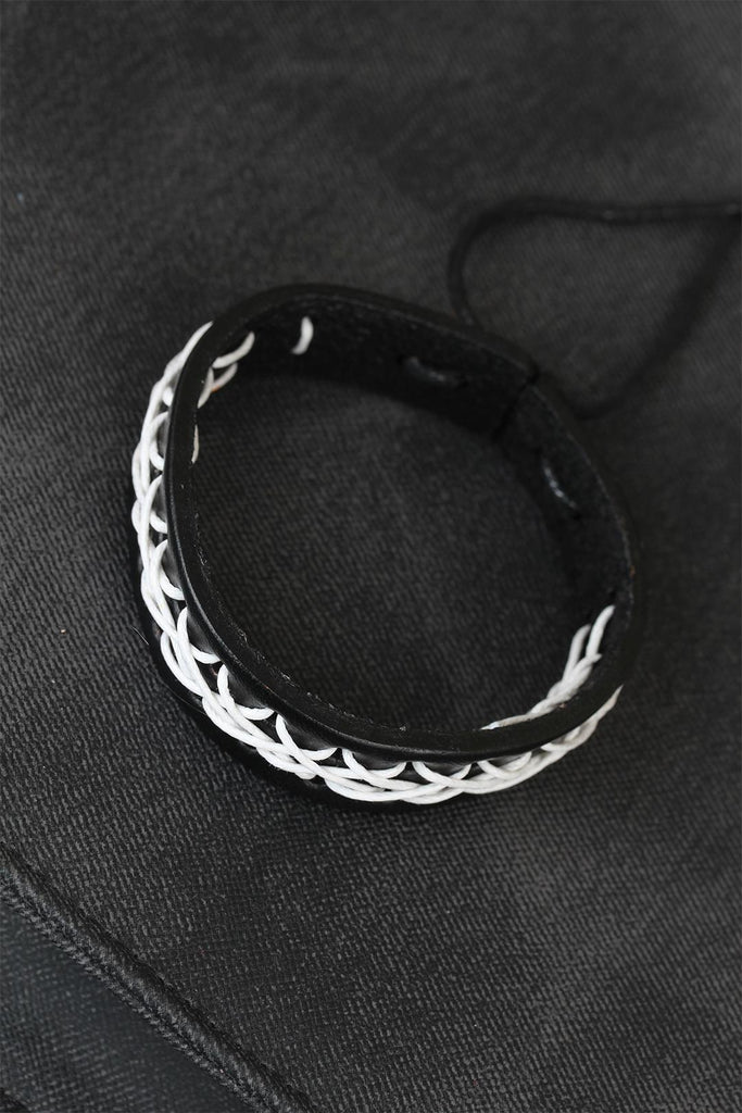 Men's White Stitched Black Leather Corded Bracelet