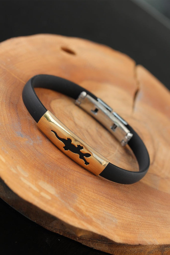 Men's Gold Metal Accessory Black Silicone Bracelet