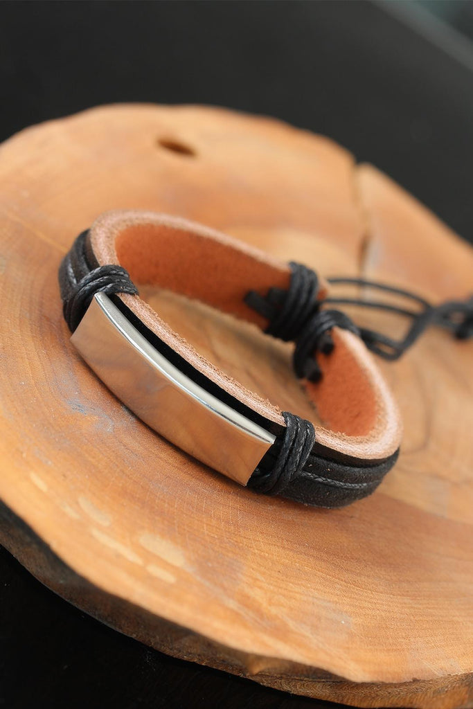 Men's Metal Accessory Black Leather Bracelet