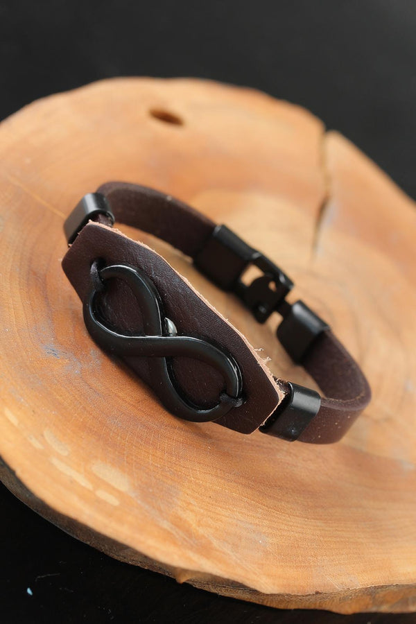 Men's Infinity Metal Accessory Brown Leather Bracelet