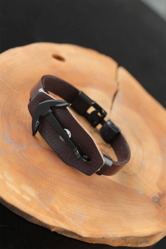 Men's Black Metal Accessory Brown Leather Bracelet