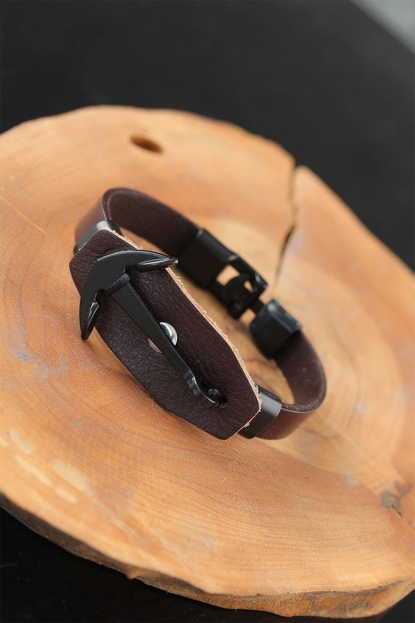 Men's Black Metal Accessory Brown Leather Bracelet