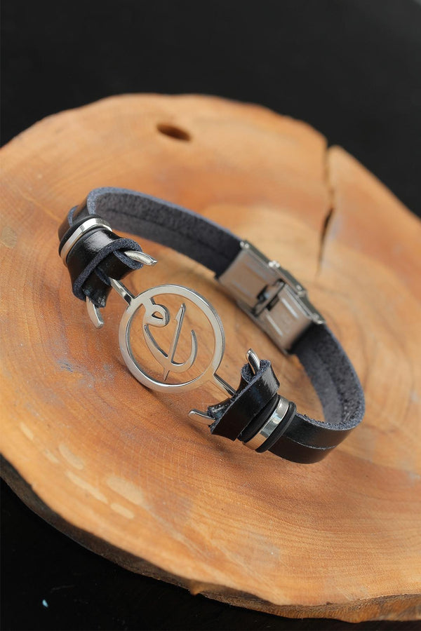 Men's Silver Metal Accessory Black Leather Bracelet