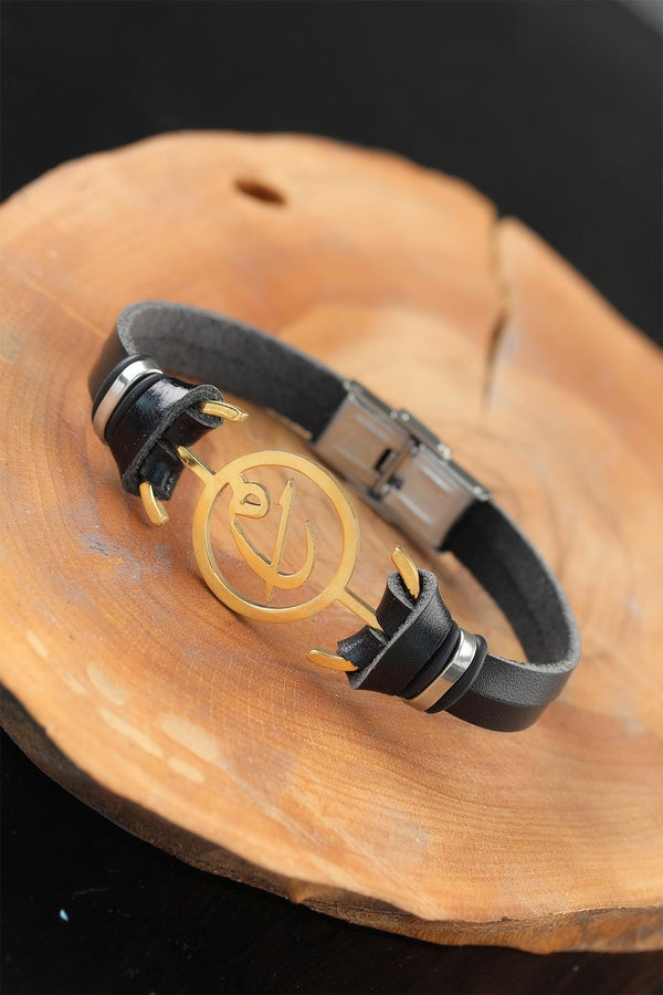 Men's Gold Metal Accessory Black Leather Bracelet