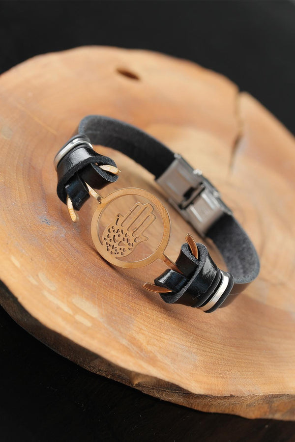 Men's Gold Metal Hand Pendant Black Leather Bracelet