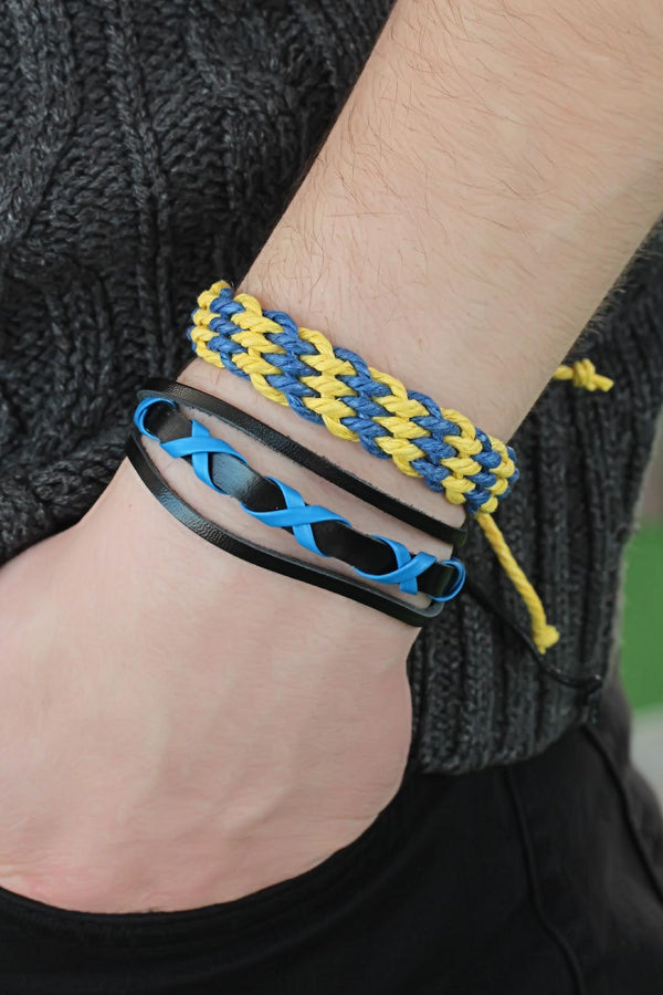 Men's Navy Blue Yellow Leather Bracelet Set