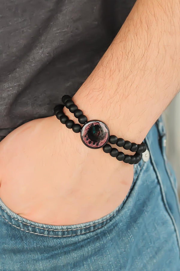 Men's Claret Red Metal Accessory Black Natural Onyx Stone Bracelet