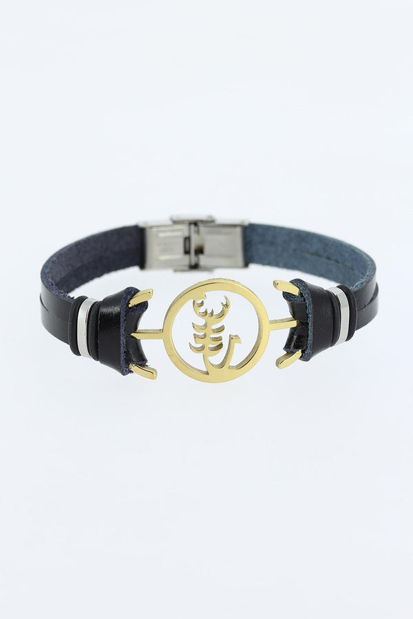 Men's Golden Figure Metal Accessory Black Leather Bracelet