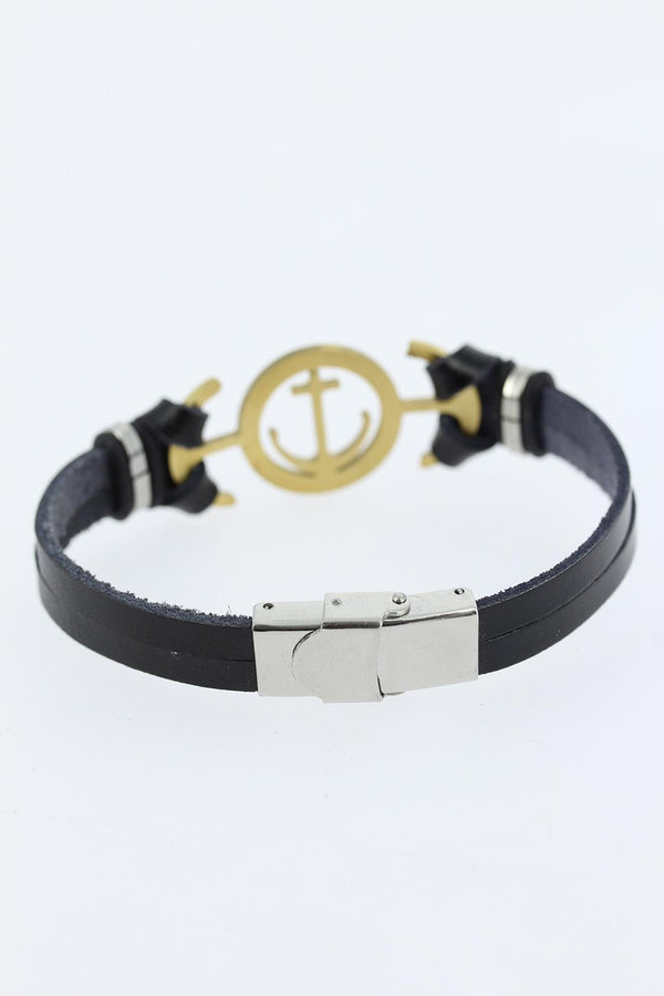 Men's Golden Anchor Figure Metal Accessory Black Leather Bracelet