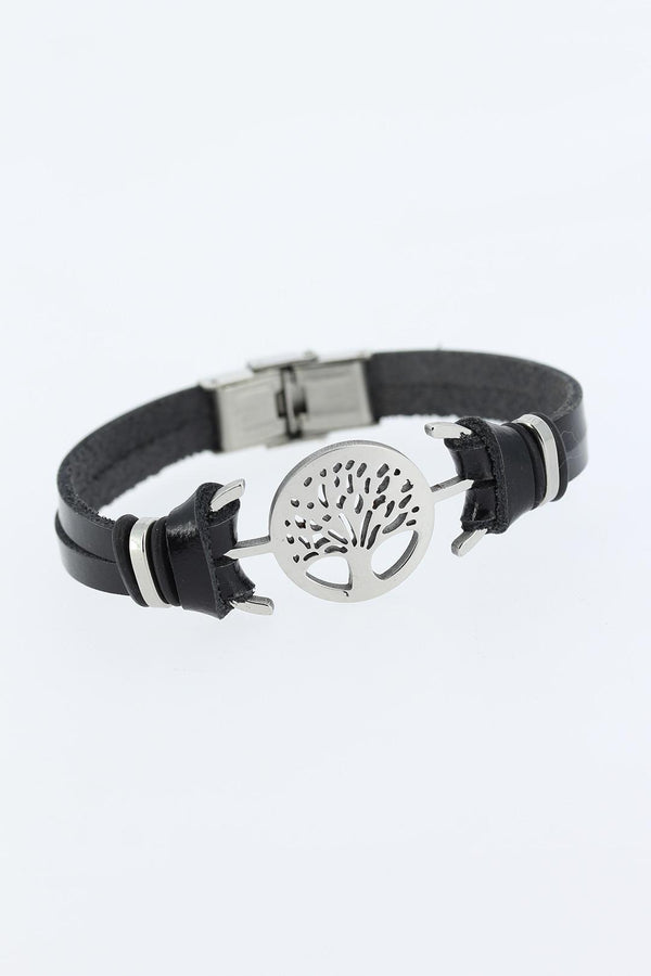 Men's Silver Tree Figure Metal Accessory Black Leather Bracelet