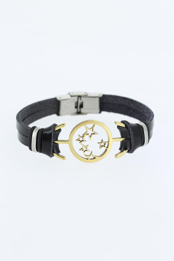 Men's Golden Star Figured Metal Accessory Black Leather Bracelet