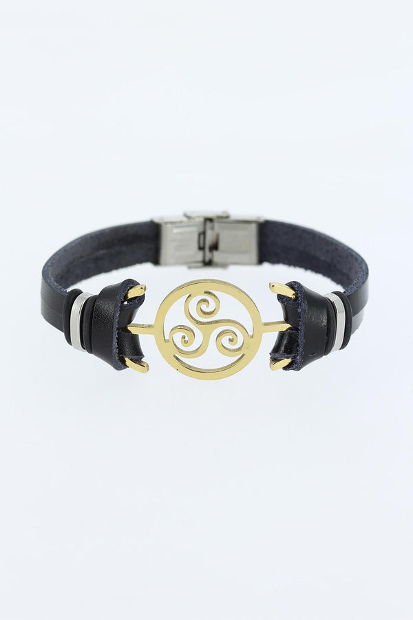 Men's Golden Metal Accessory Black Leather Bracelet