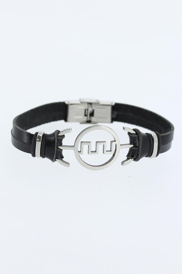 Men's Silver Labyrinth Figure Metal Accessory Black Leather Bracelet