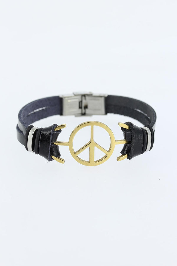 Men's Golden Metal Peace Figure Black Leather Bracelet