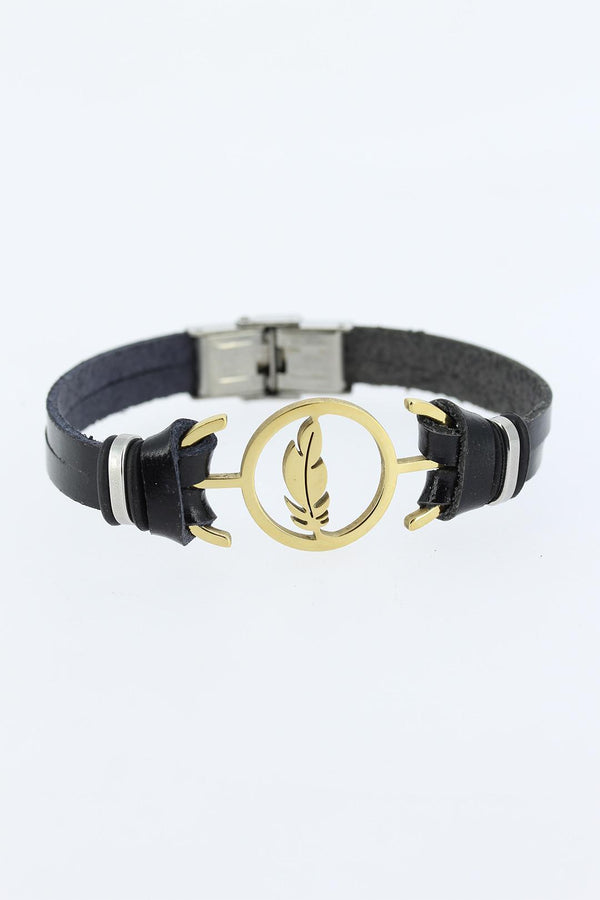 Men's Golden Fur Figure Metal Accessory Black Leather Bracelet