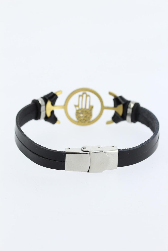 Men's Golden Metal Accessory Black Leather Bracelet