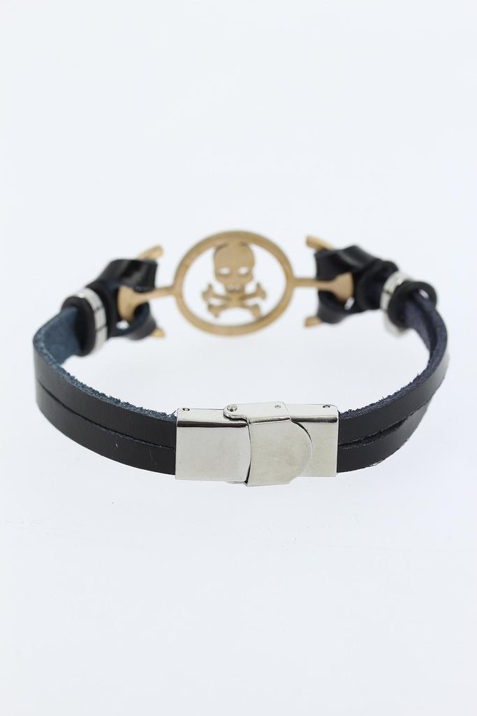 Men's Rose Skull Figure Metal Accessory Black Leather Bracelet