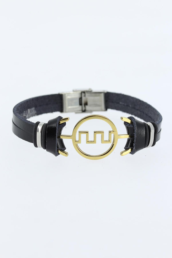 Men's Golden Metal Figure Black Leather Bracelet
