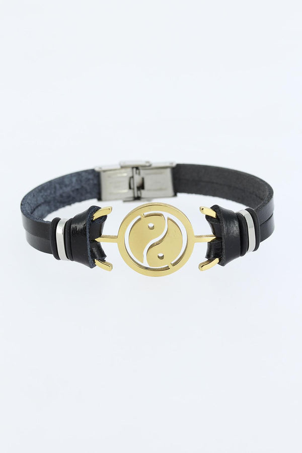 Men's Golden Metal Figure Black Leather Bracelet